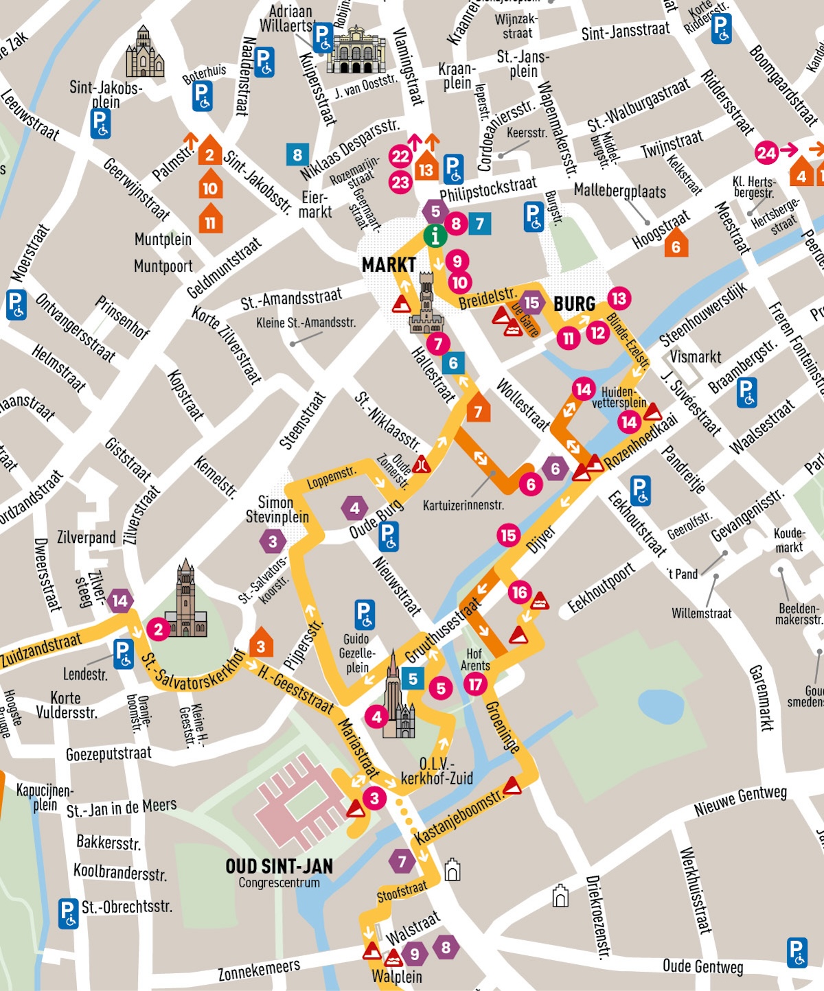 Carte détaillée 2 avec partie du parcours. La carte est délimitée : Royal Municipal Theatre au nord, Groenerei à l'est, Walplein au sud, Zuidzandstraat à l'ouest.