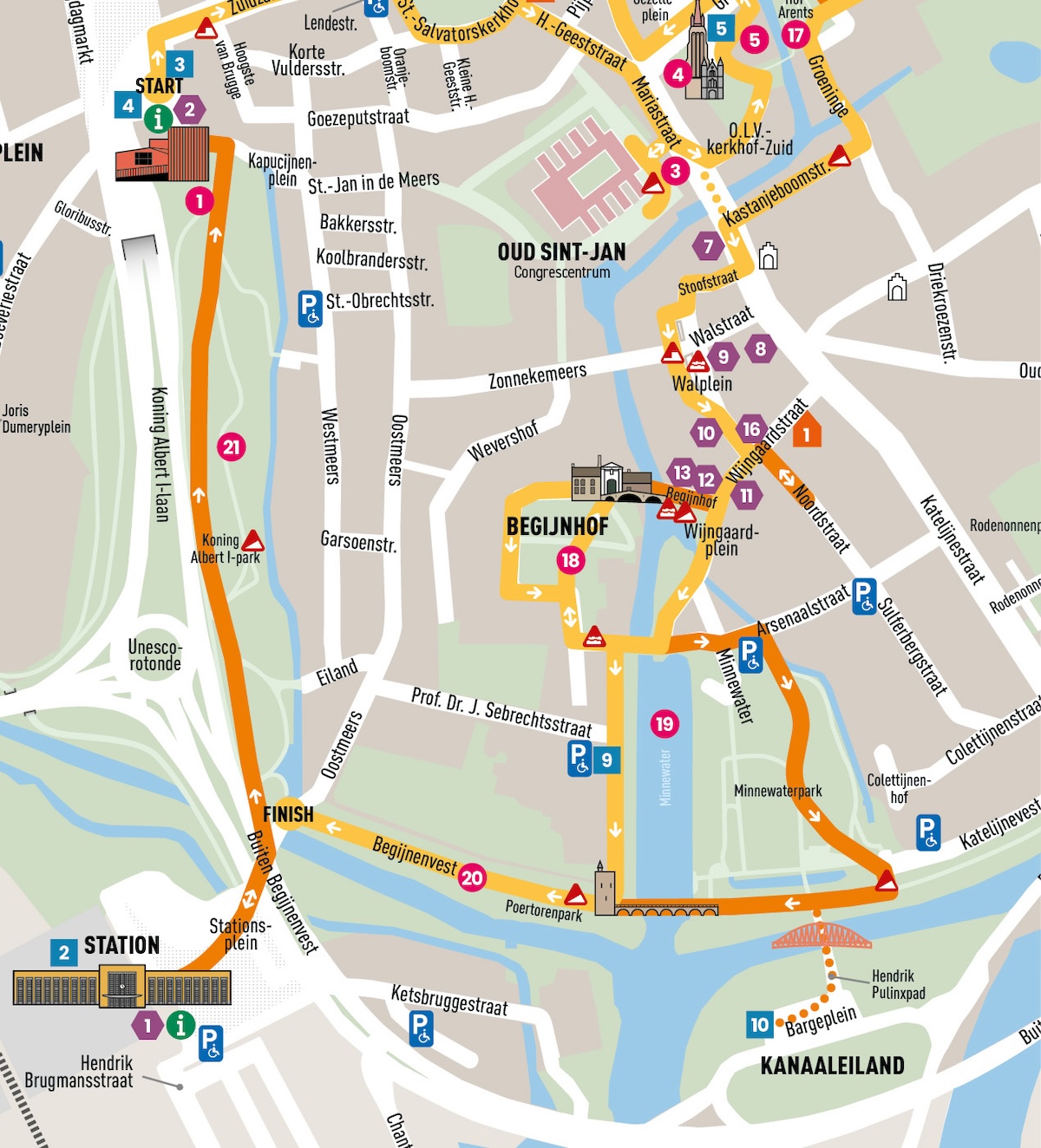 Detail map 3 with a section of the walking route. The map is bordered as follows: Sint-Salvatorskerkhof in the north, Katelijnestraat in the east, train station and Kanaaleiland in the south, King Albert I Park in the west