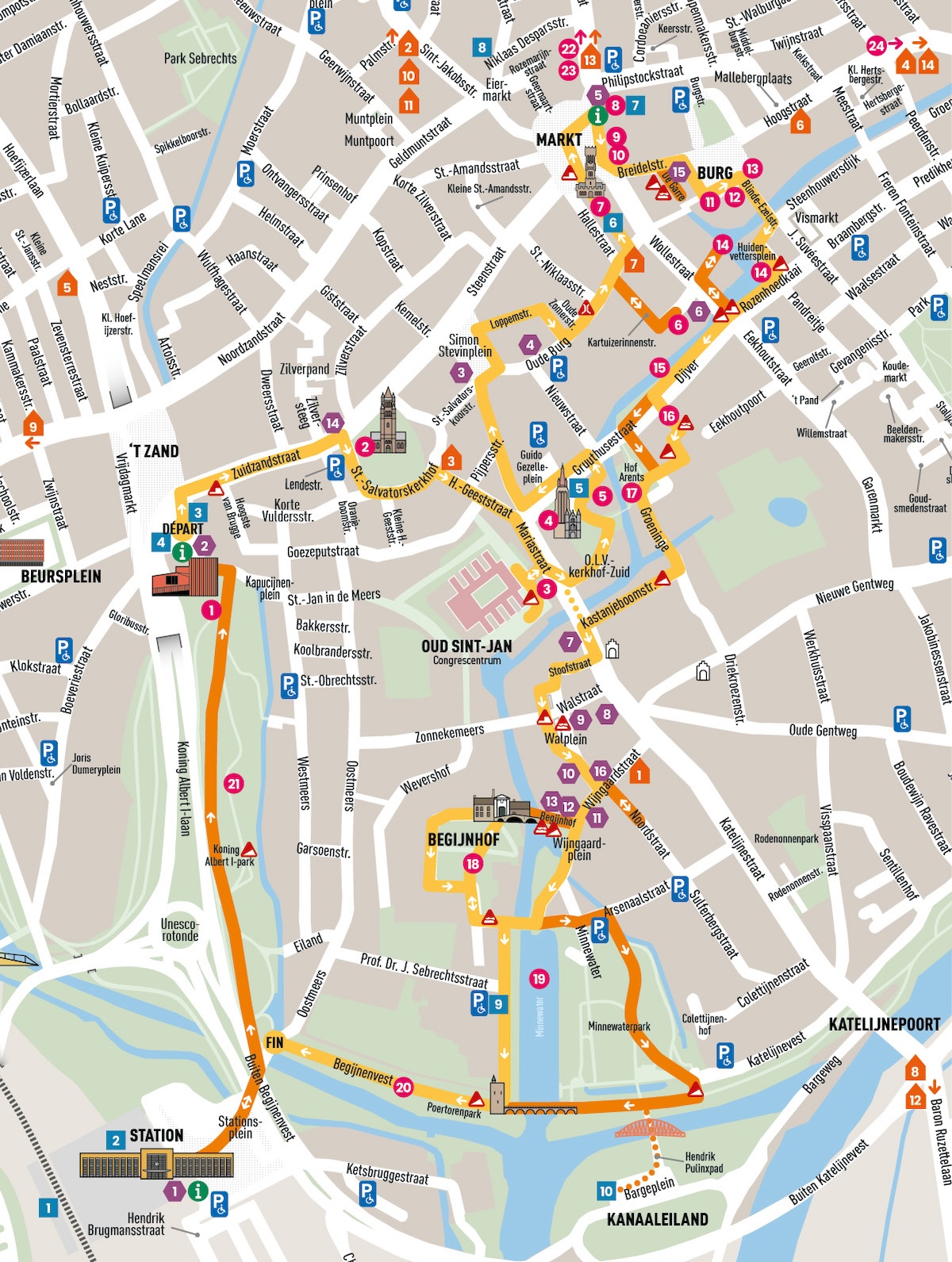 Carte de Bruges avec itinéraire indiqué. La carte est délimitée comme suit : Markt et Burg au nord, Koningin Astridpark à l'est, la gare et Kanaaleiland au sud, Beursplein à l'ouest.
