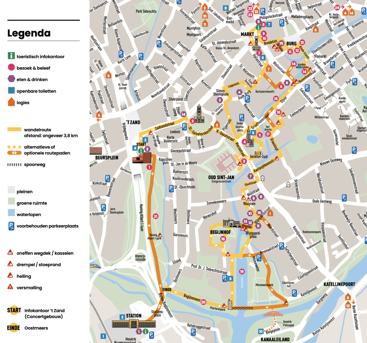 Kaart van Brugge met aangeduide wandelroute. De kaart is als volgt begrensd: Markt en Burg in het noorden, Koningin Astridpark in het oosten, treinstation en Kanaaleiland in het zuiden, Beursplein in het westen.