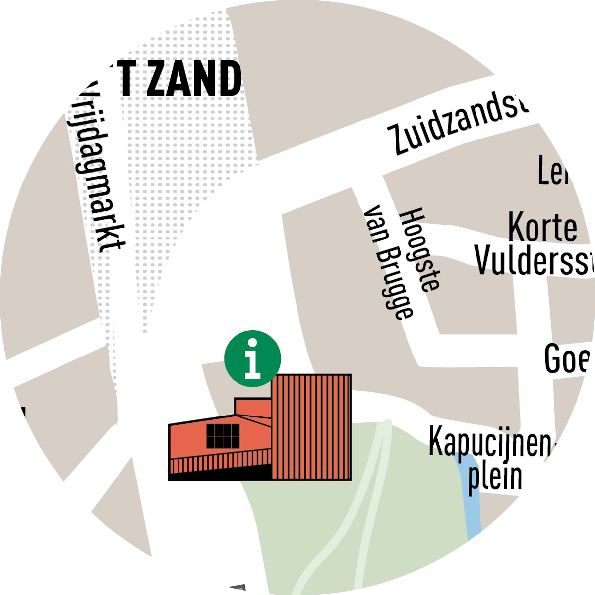 Detailed map of the area around 't Zand Square, indicating the tourist office at the Concert Hall