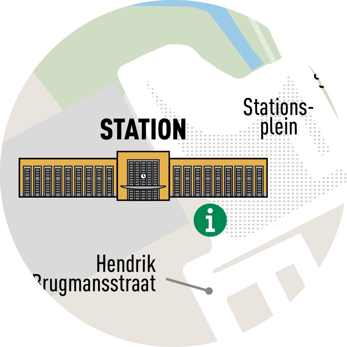 Detailed map of the Stationsplein area, indicating the tourist office at the train station