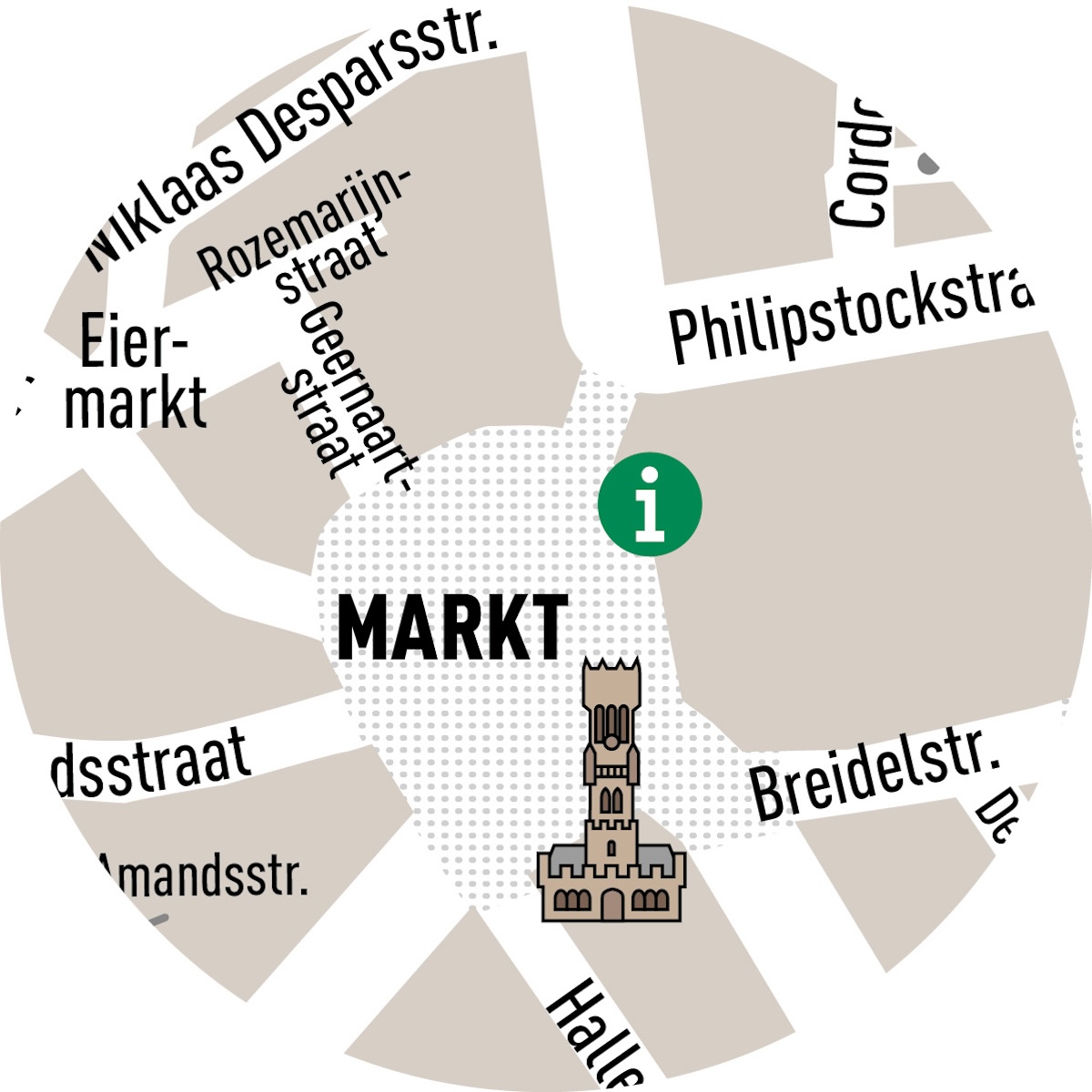 Detailed map of the Market Square area, indicating the tourist office at Historium Brugge